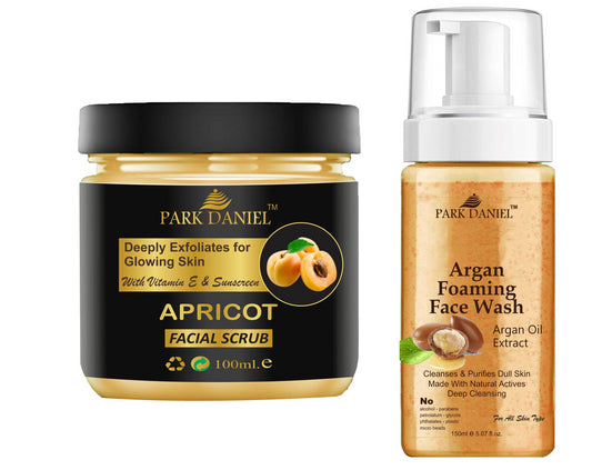 Park Daniel Apricot Scrub and Argan Face Wash For Anti Blemishes & Glowing Facial Kit Detoxify Rejuvenate your skin Combo Pack of 2 (250 ML)